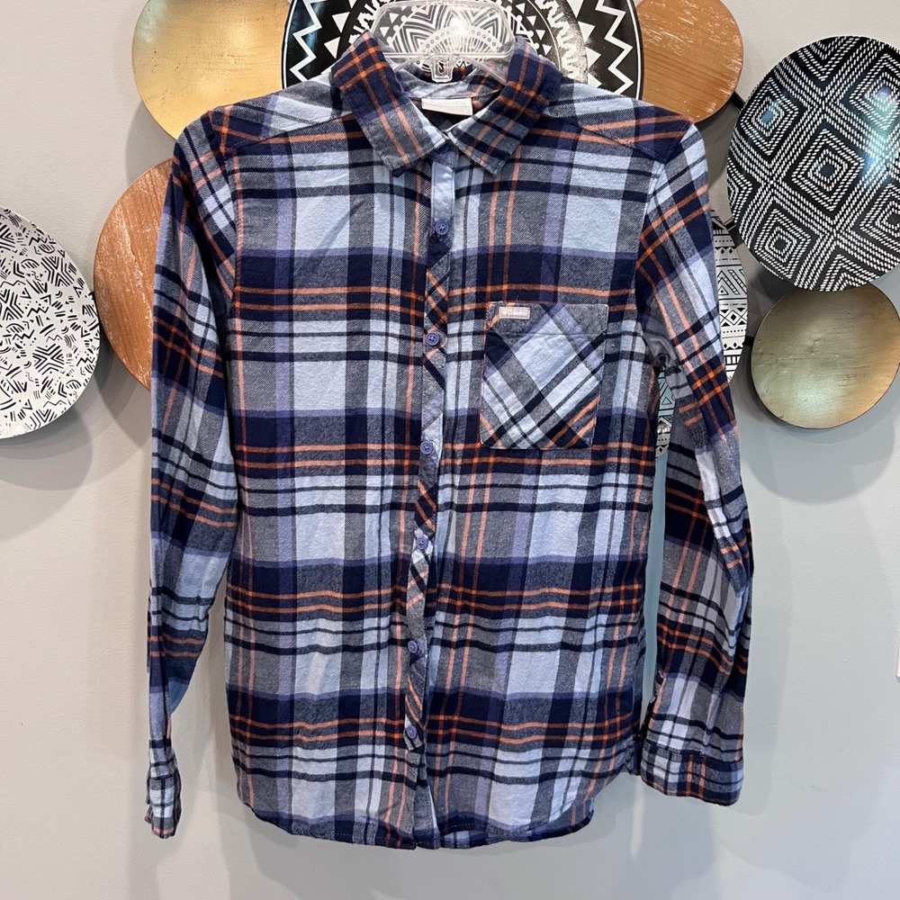 Columbia Womens Plaid Flannel Button Down Shirt Blue Orange Long Sleeve Small